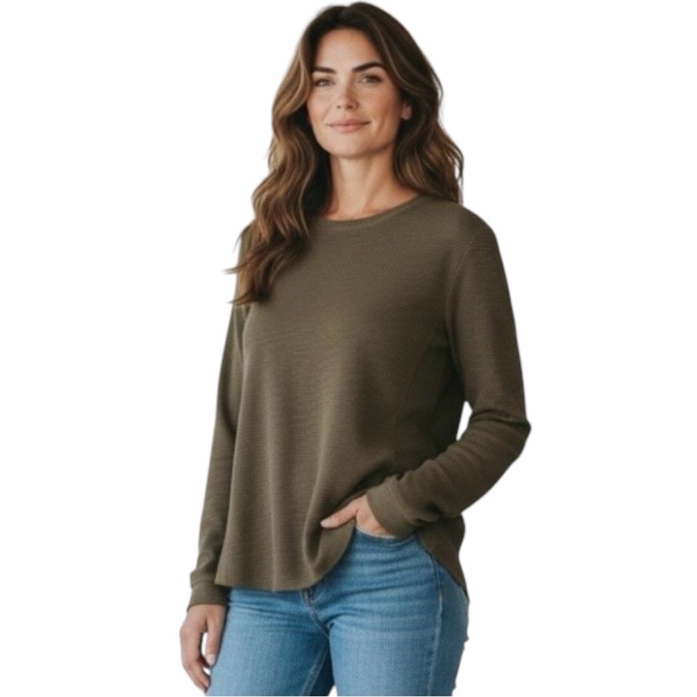 Vince 100% Cotton Lightweight Waffle Knit Long Sleeve Top Brown Size L